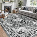 DEXI 9x12 Area Rug for Living Room, Washable Vintage Farmhouse Thin Rug Indoor Floor, Non Slip Stain Resistant Low Pile Carpet for Dining Room Bedroom Office, White Grey