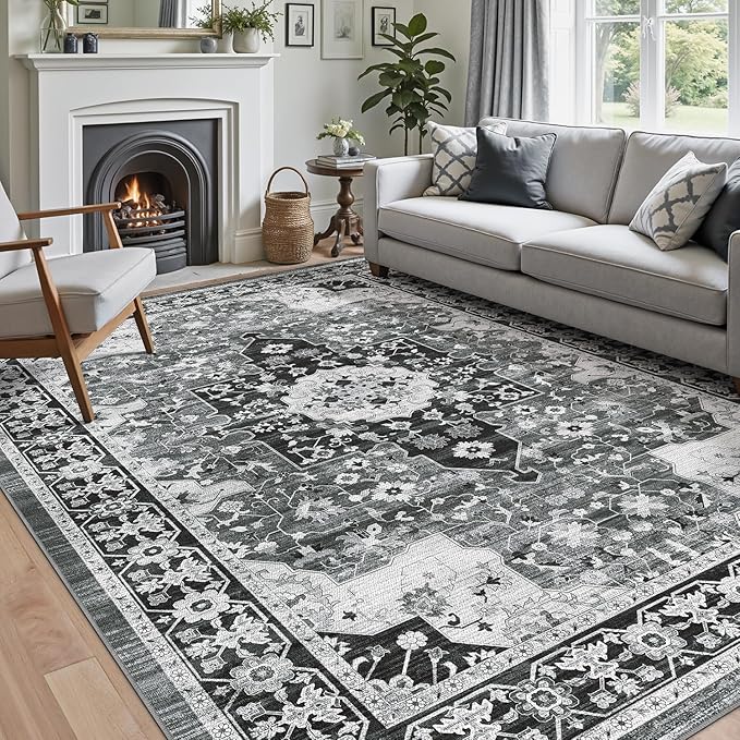 DEXI 10x14 Area Rug for Living Room, Washable Vintage Farmhouse Thin Rug Indoor Floor, Non Slip Stain Resistant Low Pile Carpet for Dining Room Bedroom Office, White Grey
