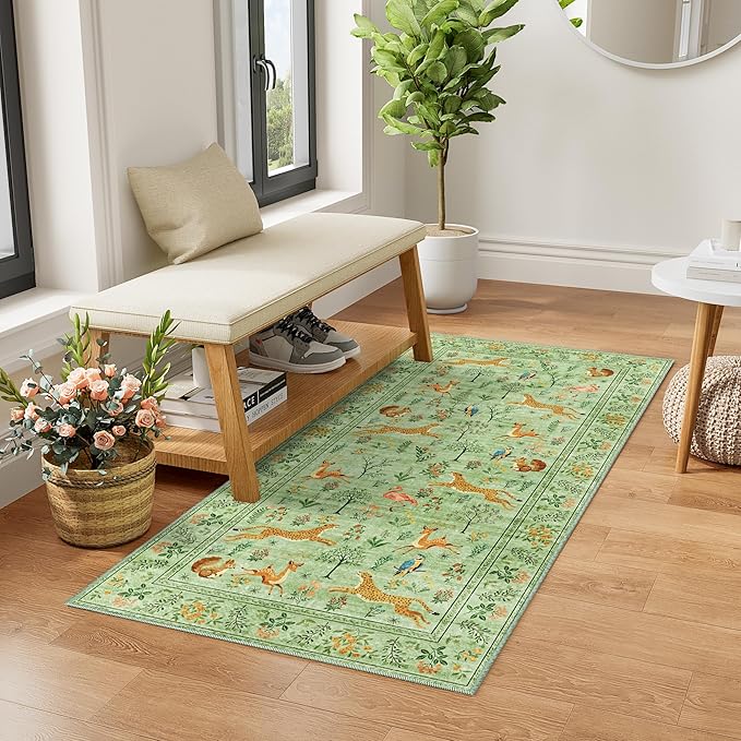DUKINO 2x5 Rug for Hallway, Washable Kitchen Runner Rug with Non Slip Backing, Soft Low Pile Vintage Animal Runner for Bedroom, Kitchen, Hallway, Entryway, Laundry, Light Green