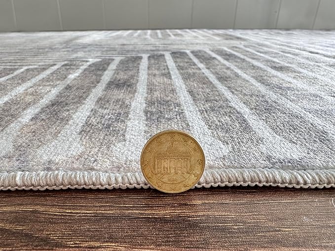GLN Rugs Contemporary Collection - Machine Washable Area Rug, Contemporary Washable, Non Slip, Low Pile Chenille Rug, Living Room, Bedroom, Kitchen Rug (5'3" Round Lines Cream)
