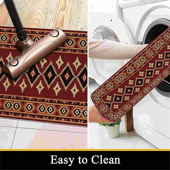 Burgundy Diamond Runner Rug, 2x8ft Hallway Runner Rugs - Corridor & Foyer Area Rugs, Non-Slip Mat Durable Rug, Washable Flannel Material, Southwestern Geometric Home Decor Carpet