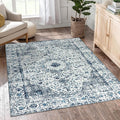 Easy-Going Area Rug 4x6 Washable Boho Rugs for Living Room Non-Slip Bedroom Rug Low Pile Lightweight Floral Print Vintage Throw Rug for Dining Room Kitchen Home Office Carpet, Blue Cream