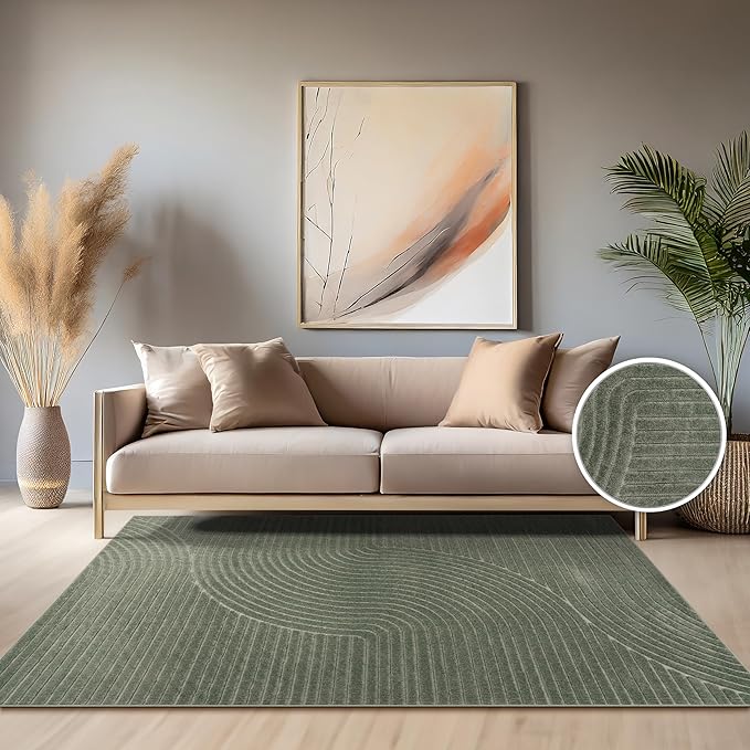 Paco Home Modern Area Rug with Raised Curved Line Pattern – Minimalist Design in Green, Size: 2'8" x 4'11"