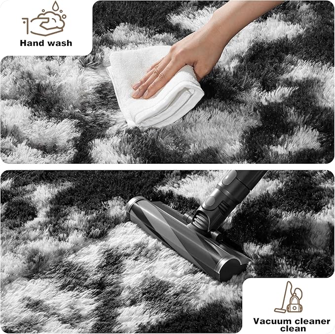 Black and White Rugs for Bedroom, 3x5 Fluffy Small Area Rugs for Living Room, Soft Shag Fuzzy Carpet with 4 Non-Slip Stickers for Kids Boys and Girls Nursery Room Dorm Home Decor (3ft x 5ft)