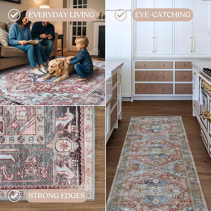 Washable Area Rug. Modern Farmhouse. Vintage. Turkish. Bohemian. Distressed. Oriental. Traditional. Rugs for Living Room. Dining. Bedroom. Office. Entryway. Foyer. (858RM, 2'5" x 4'9")