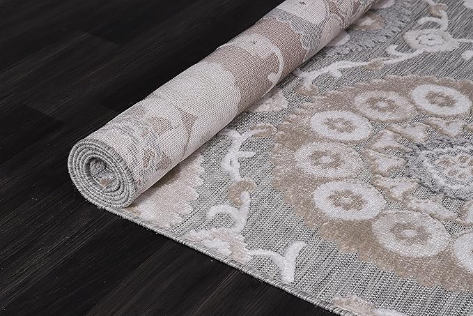 CAMILSON Indoor Outdoor Rug 9x12 Bohemian Medallion Floral Area Rugs for Indoor and Outdoor Patios Easy-Cleaning Non-Shedding Living Room Garden and Kitchen Washable Outside Carpet (9 x 12 / Beige)