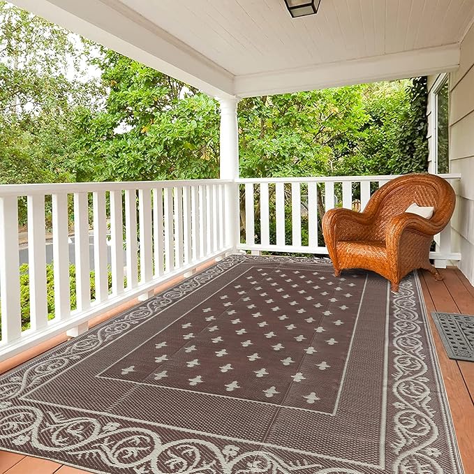 Pauwer Waterproof Outdoor Rug 6x9, Reversible Plastic Straw Patio Camping Rug, Indoor Outdoor RV Mat Carpet for Deck, Camper, Porch, Balcony, Backyard, Picnic, Bordered Brown