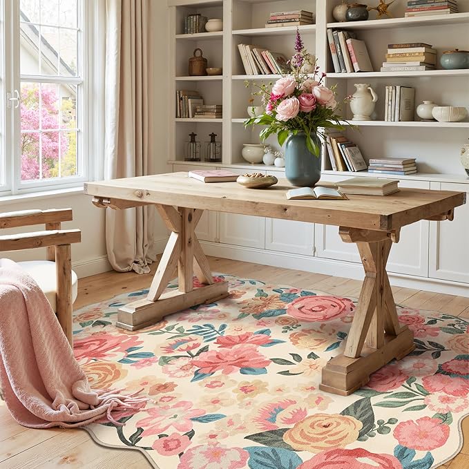 Washable Floral Area Rug 3x5 Beige Office Carpet Scalloped Flower Non Slip Soft Entrance Door Mat Farmhouse Low Pile Thin Indoor Floor Cover for Kitchen Bathroom Bedroom Laundry Living Room