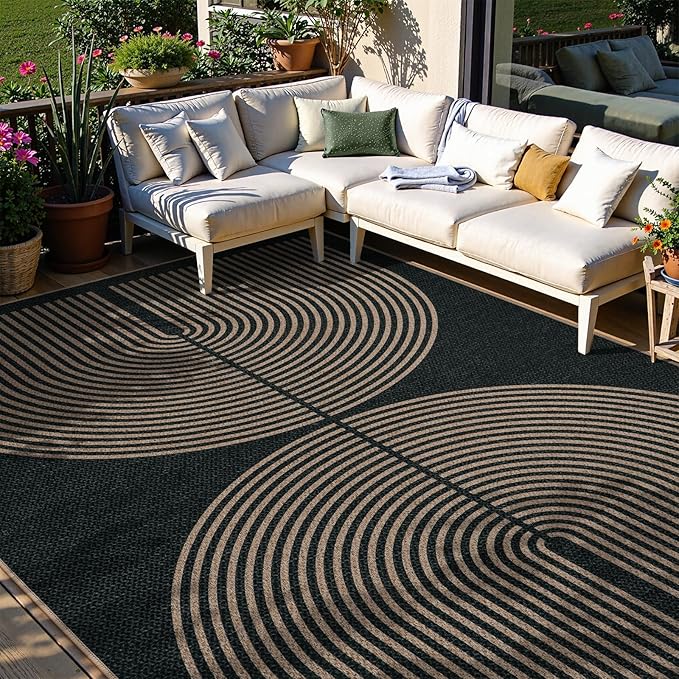 Lahome Modern Rainbow Easy Jute Outdoor Carpet, Washable Rugs 9x12 for Living Room Patio Large Farmhouse Indoor Outdoor Carpet, Contemporary Black Dining Room Rugs for Under Table Office Backyard