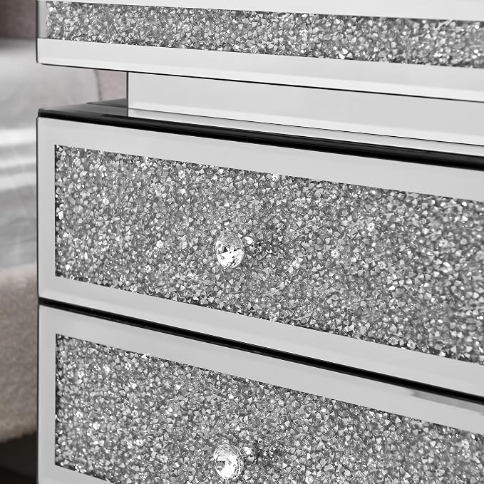 Mirrored Nightstand with 3 Drawers, Mirror End Table, Modern Bedside Table