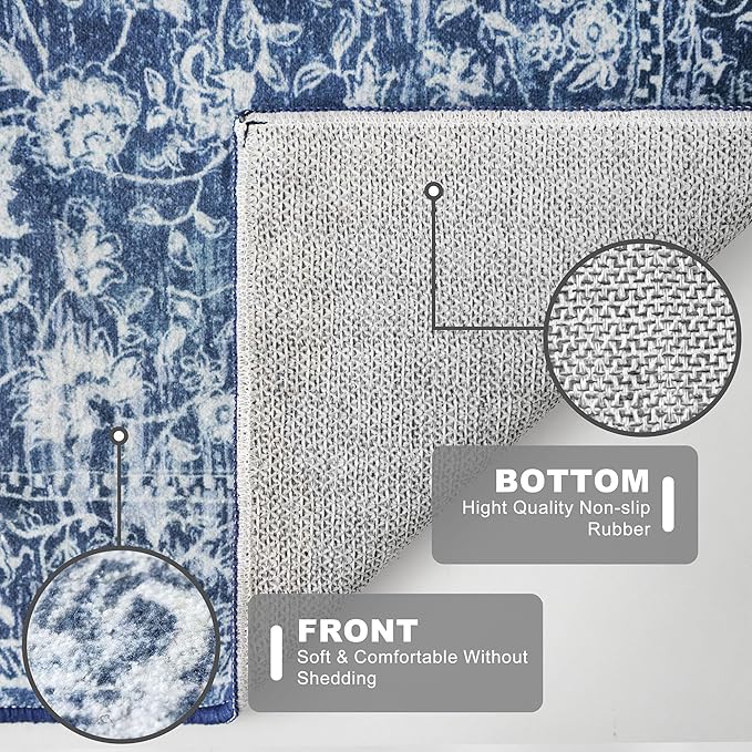 KILOCOCO Runner for Hallway 2.6x10 Runner Rug Printed Vintage Floral Washable Rug Kitchen Runners Soft Non-Slip Low Pile Hallway Runners Laundry Room Distressed Boho Rugs, Blue