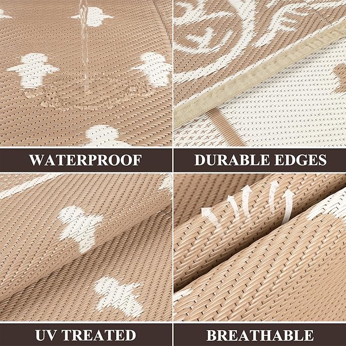 Pauwer Waterproof Outdoor Rug 6x9, Reversible Plastic Straw Patio Camping Rug, Indoor Outdoor RV Mat Carpet for Deck, Camper, Porch, Balcony, Backyard, Picnic, Bordered Beige