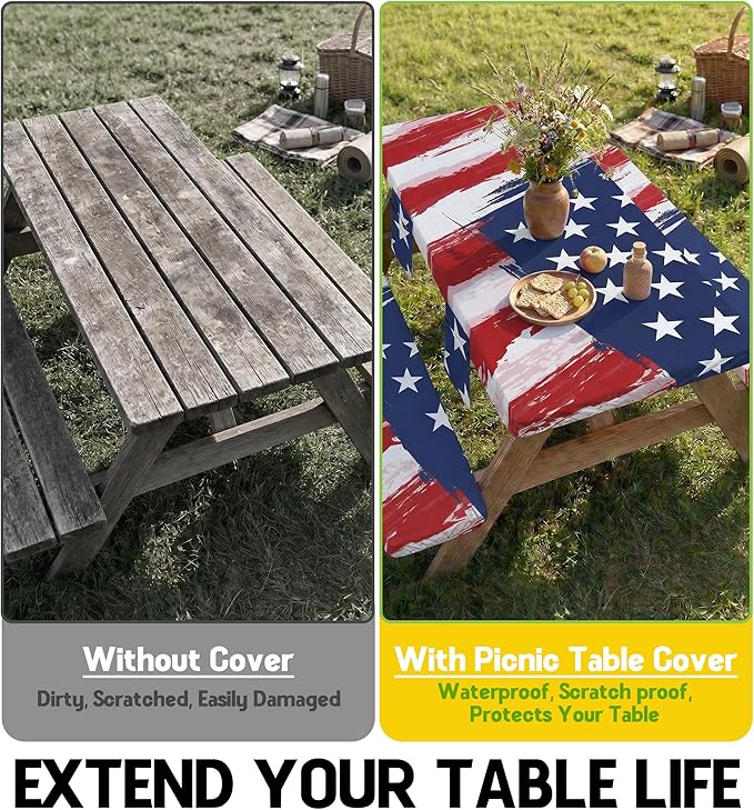 Picnic Table Cover with Bench Covers Waterproof Rectangle Tablecloth Camping Essentials Supplies Rv Travel Must Haves Gear Accessories Fitted Table Cloth Outdoor Road Trip Camper Gifts American Flag