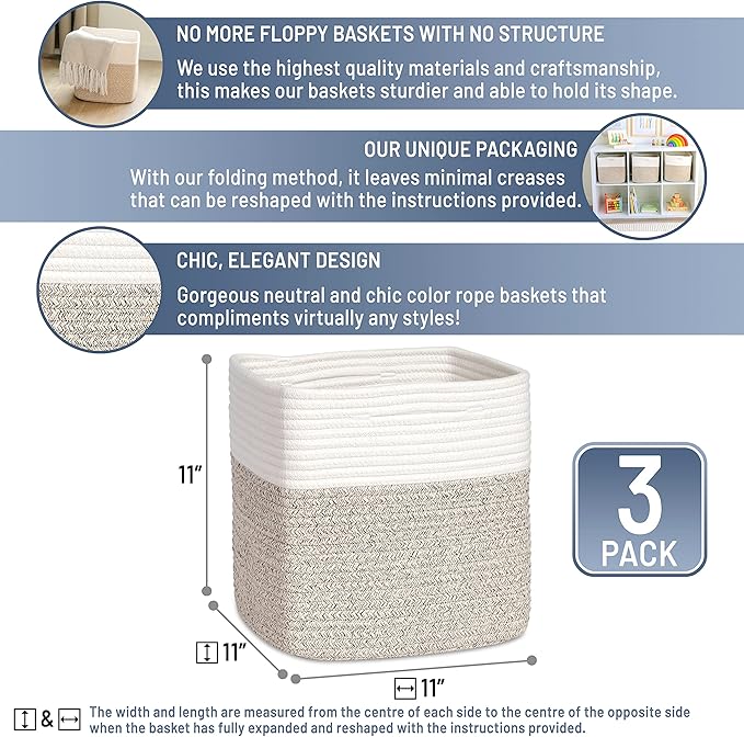 NaturalCozy Storage Cubes 11 Inch Cotton Rope Woven Baskets for Organizing, 3-Pack | Cube Bin Square Shelves Organizer, Classroom, Kids Toy Bins, Closet, Baby Nursery