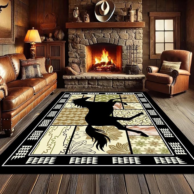 Western Horse Print Rugs 7x9ft,Boho Floral Area Rug, Botanical Print Low Pile Carpet, Stain-Resistant & Machine Washable Non-Slip Mat for Living Room, Bedroom, Dining Room