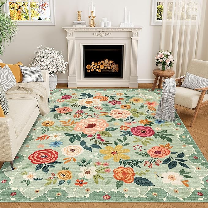 DUKINO 8x10 Area Rug, Floral Rugs for Living Room, Lightweight Non Slip Washable Rug, Indoor Low Pile & Non-Shedding Boho Design Rugs for Bedroom, Living Room, Dining Room, Green