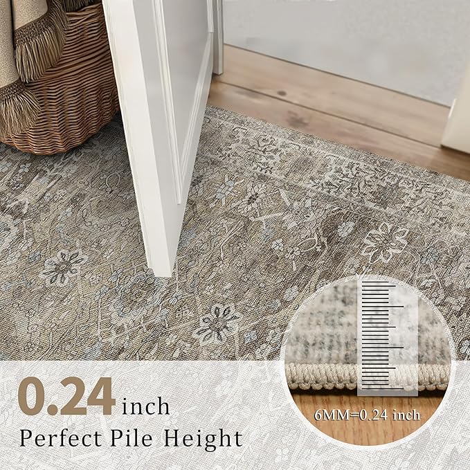 9x12 Washable Area Rug Grey Brown Vintage Rug for Living Room Bedroom Low Pile Soft Non-Slip Boho Rug for Under Table Boho Distressed Retro Carpet for Bedroom Kitchen Office Dining