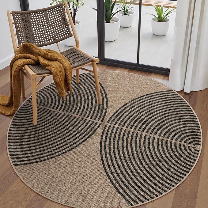 Lahome Modern Rainbow Round Rug, 6ft Easy Jute Circle Patio Rug Washable Indoor Outdoor Living Room Carpet, Farmhouse Natural Contemporary Round Carpet for Entryway Backyard