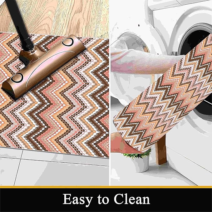 Brown Pink White Wave Runner Rug, 1.3x7ft Soft Tone Hallway Decor Carpet - Modern Home Corridor & Foyer Long Rug Non-Slip Mat, Washable Flannel Material, Bedroom Stylish Accent Rugs