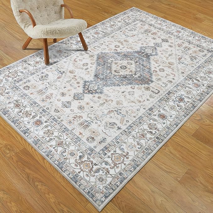 Washable Vintage Area Rug 5x7 - Soft Traditional Farmhouse Ultra-Thin Rug for Living Room, Bedroom, Dining Room and Home Office - Distressed Oriental Reto Indoor Floor Carpet Rug…