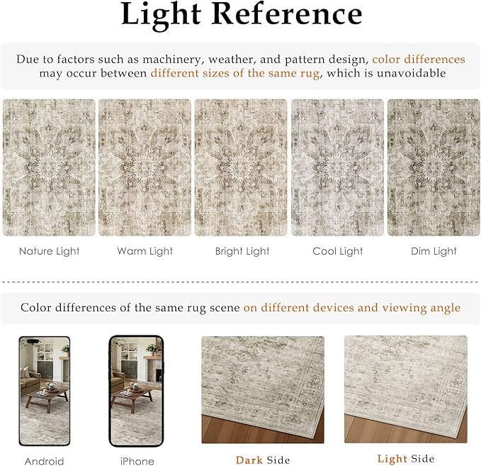 HUGEAR Washable 6x9 Area Rugs Retro Beige Living Room Bedroom Rug Vintage Distressed Non Slip Stain Resistant Low Pile Neutral Throw Carpet for Home Decor