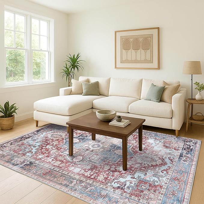 Washable Area Rug. Modern Farmhouse. Vintage. Turkish. Bohemian. Distressed. Oriental. Traditional. Rugs for Living Room. Dining. Bedroom. Office. Entryway. Foyer. (858RM, 7'5" x 9'8")