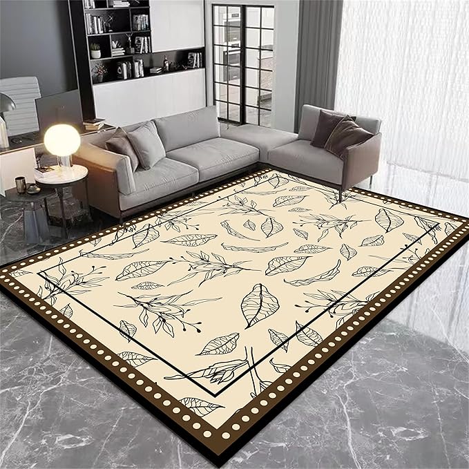 Medieval French Style Area Rugs 5x8ft, Off-White Botanical Leaf Pattern Rug, Low Pile Carpet, Washable & Non-Slip for Living Room, Bedroom, Dining Room, Dorm