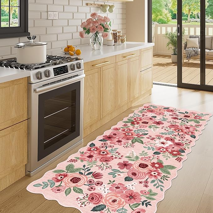 DUKINO 2x5 Washable Runner Rugs, Non Slip Floral Print Entryway Rug with Soft Low Pile, Lightweight Mat for Living Room, Bathroom, Bedroom, Kitchen, Pink