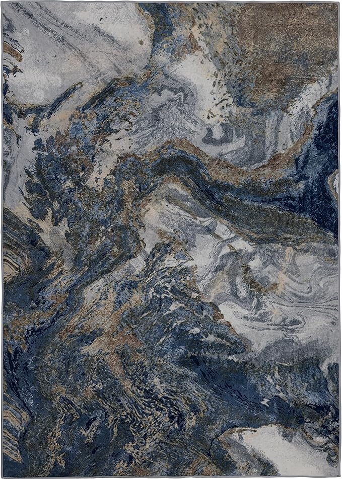 Modern Washable Rug for Living Room: Abstract 10x14 Area Rugs for Bedroom Low Pile Non Slip - Stain Resistant Carpet for Dining Room Indoor - Blue Gold