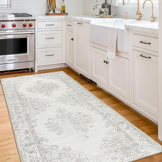 ReaLife Rugs Machine Washable Area Rug Runner - Living Room Bedroom Bathroom Kitchen Entryway Office - Padded Low Pile Stain Resistant Premium - Boho Farmhouse Vintage - Paige - Ivory 2'6" x 6'