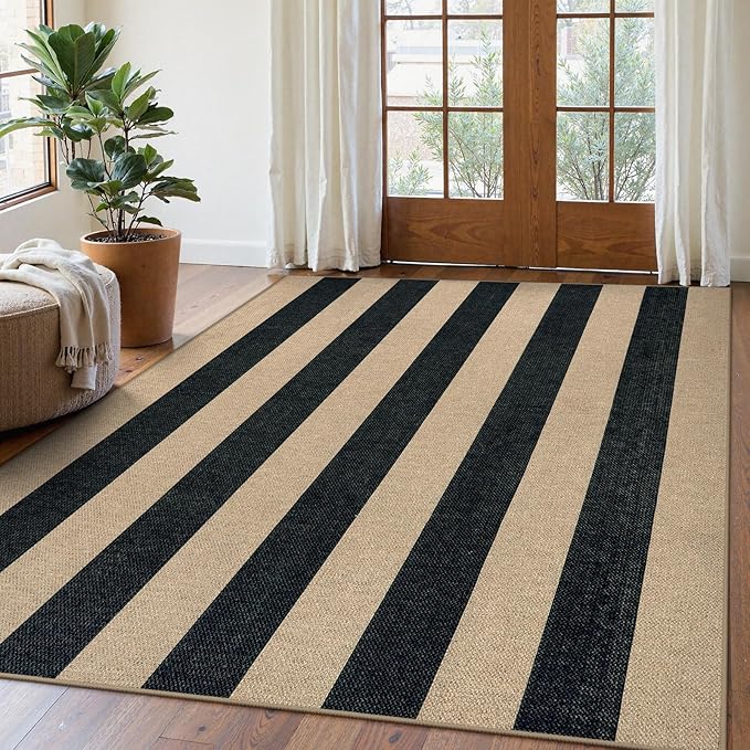 Lahome Striped Easy Jute Outdoor Rug 5x7, Large Neutral Dining Living Room Rug, Farmhouse Non Slip Non Shedding Washable Indoor Outdoor Black Carpet for Office Deck Patio Backyard Bedroom