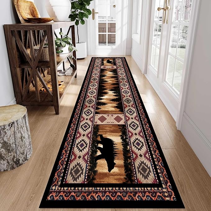 Rustic Cabin Bear Runner Rug, 2.6x10ft, Native American Long Runner Rug, Wildlife Black Bear Forest Hallway Rug, Vintage Brown Non-Slip Washable Southwestern Style Rug for Entry Kitchen