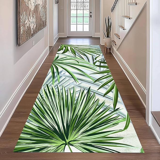 Hall Runner Rug 2.6x7 ft Non-Slip - Tropical Palm Leaves Design in Emerald Green - Easy Clean Washable Carpet for Hallway, Entryway, Bedroom - Durable Floor Decor