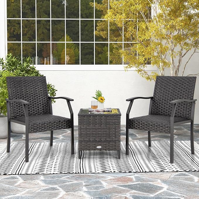 Tangkula 3 Pieces Patio Wicker Chair Set, Waterproof All Weather Resistant
