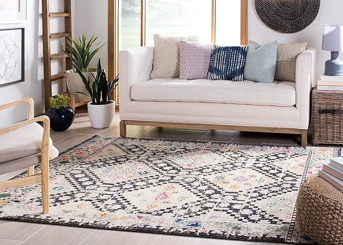 SAFAVIEH Madison Collection Area Rug - 9' x 12', Black & Yellow, Boho Diamond Distressed Design, Non-Shedding & Easy Care, Ideal for High Traffic Areas in Living Room, Bedroom (MAD418Z)