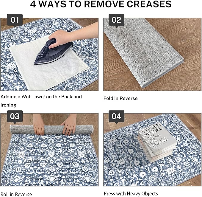 Runner Rug 2.6x12, Light Blue White Washable Long Hallway Rug Runner Non-Slip Soft Kitchen Runner Thin Printed Faux Wool Super Soft Carpet for Entryway Bedroom Laundry Room Indoor Home Decor