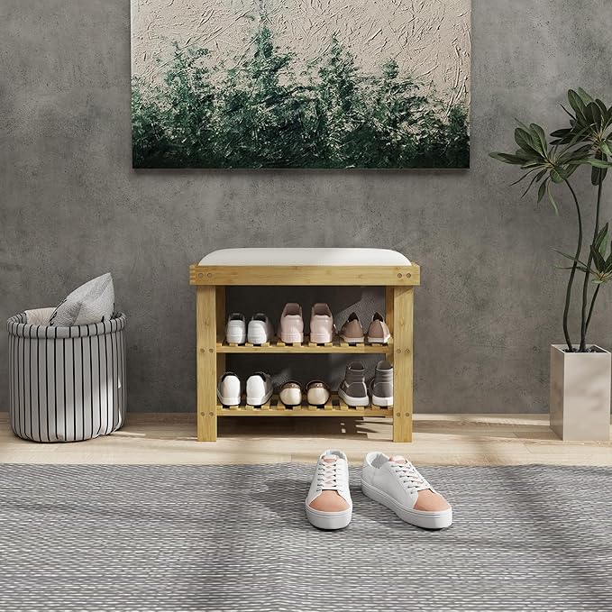 HOMCOM Bamboo Shoe Bench, 3-Tier Entryway Bench with Storage and Cushion, Shoe Organizer for Entryway, Hallway, Holds Up to 331 lbs, 23.6 x 11.4 x 19.3 Inches, Natural