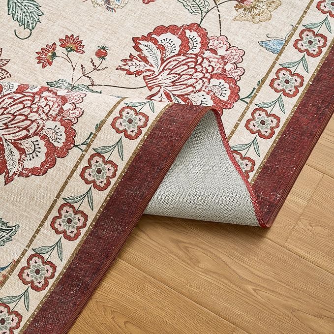 jinchan Elora 7ft Floral Round Rug for Dining Room Washable Living Room Rug Vintage Romance Design Non Slip Indoor Floor Cover Lightweight Low-Profile Throw Carpet for Bedroom Porch Patio, Red/Beige