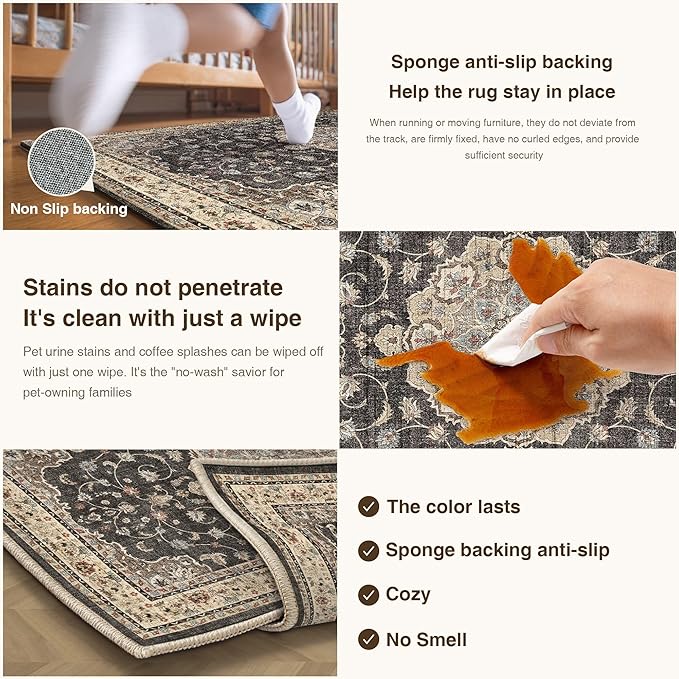 HUGEAR Machine Washable Area Rugs 8x10 Vintage Black Large Living Room Bedroom Rug Neutral Style Non Slip Stain Resistant Low Pile Throw Carpet for Home Retro Aesthetic Modern Decor