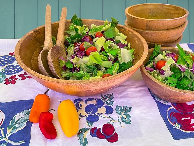 Large Wooden Salad Bowl 11.5 Inches with Serving Utensils, Wooden Fruit Bowl, Mango Wood Bowl Set for Serving, Large Wood Salad Bowl for Family Meals, Pasta, Popcorn, Handcrafted Wooden Serving Bowl