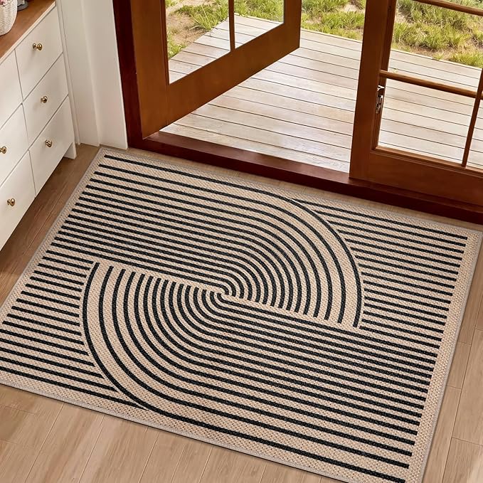 Tangsoo Rainbow Easy Jute Rug,2x3 Washable Small Area Outdoor Rug for Entryway Non-Slip Thin Black Throw Mat Modern Farmhouse Indoor Carpet for Entrance Kitchen Entry Front Porch
