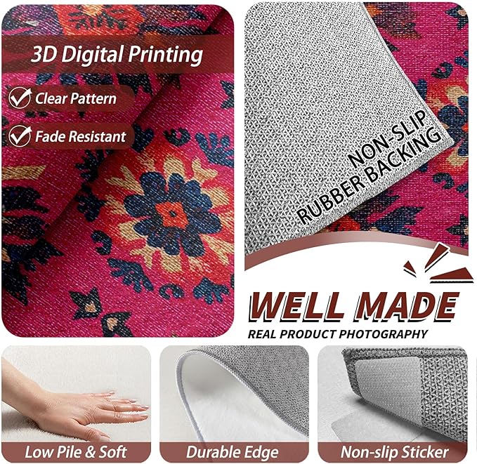 Southwestern Large Rug - 7x9 Area Rug - Ethnic Vintage Floral Medallion Rugs for Living Room Non Slip Low Pile Machine Washable Dining Room Rugs, Southwestern Carpet Home Decor & Gifts
