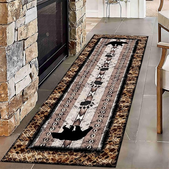 Unique Wildlife Runner Rug, 4x10ft, Bear Border Design Area Rug, Rustic Log Cabin Runner for Entryway, Rubber Backing Durable Floor Rug, Vintage Western Decoration, Fade-Resistant Print Carpet