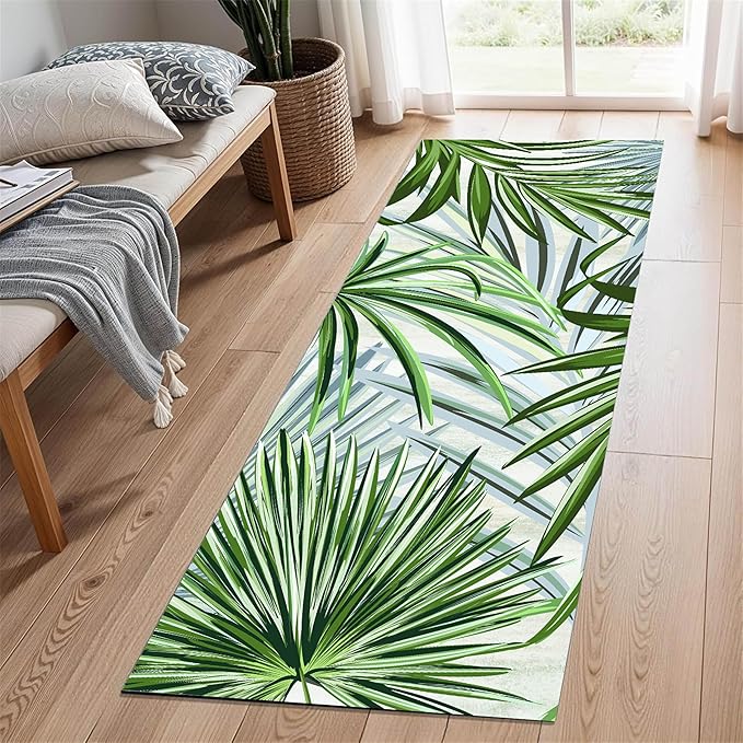 Hall Runner Rug 4x12 ft Non-Slip - Tropical Palm Leaves Design in Emerald Green - Easy Clean Washable Carpet for Hallway, Entryway, Bedroom - Durable Floor Decor