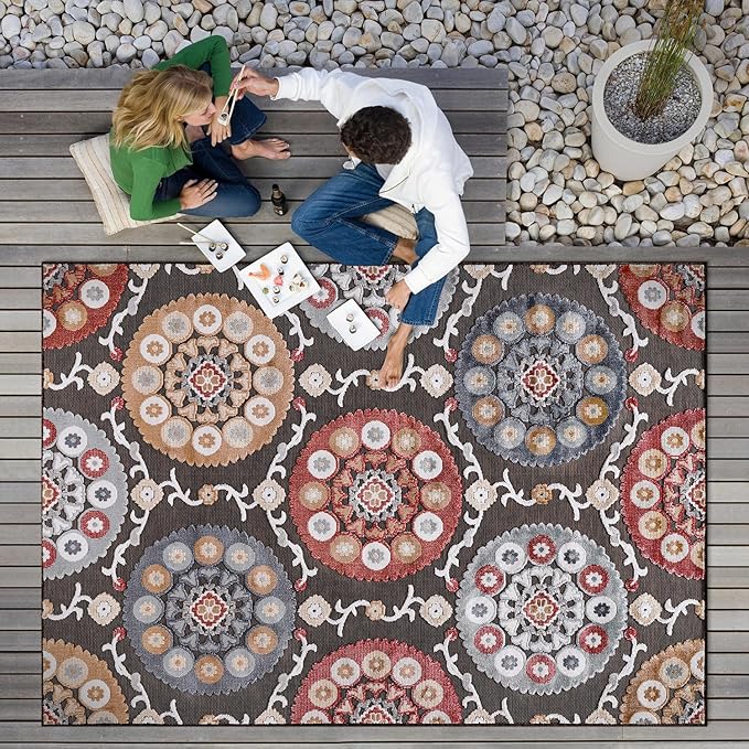 CAMILSON Indoor Outdoor Rug 8x10 Bohemian Medallion Floral Area Rugs for Indoor and Outdoor Patios Easy-Cleaning Non-Shedding Living Room Garden and Kitchen Washable Outside Carpet (8 x 10 / Brown)