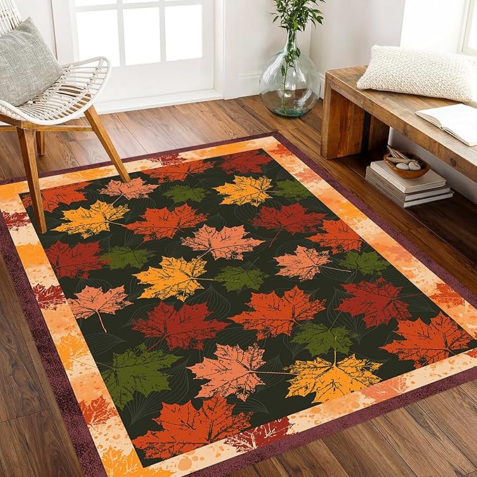 Fall Themed Area Carpet, 4x5ft, Autumn Fallen Leaves Print Pattern Retro Rustic Style Dark Stain Resistant Throw Rug, Low-Profile Non Slip Breathable Floor Mat for Dining Room Laundry