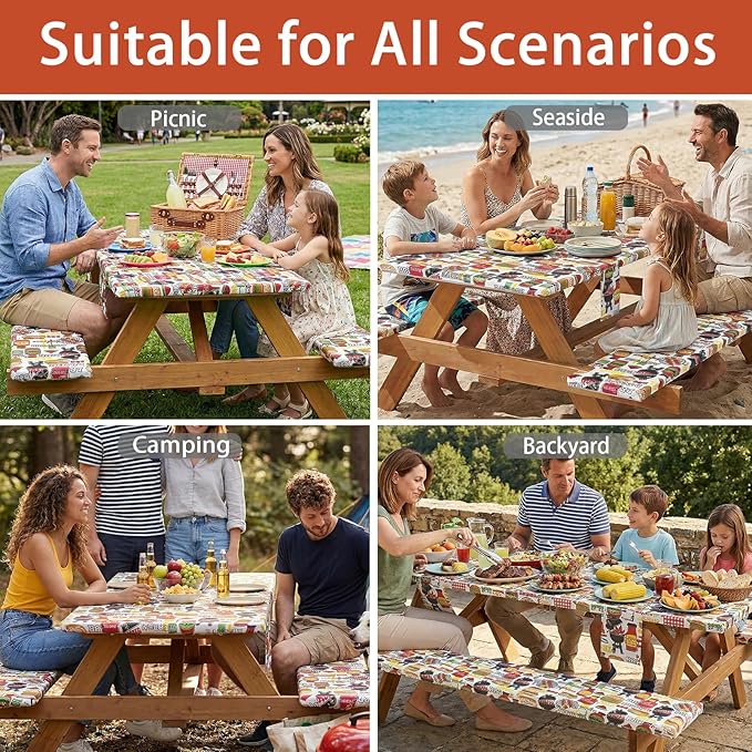 3 Piece Picnic Table Cover with Bench Covers Fitted Camping Table Cloths for 8Ft Tables Camper Travel Trailer Must Haves Motorhome Garden Tools Couple Wife Husband Boyfriend Girlfriend Gift