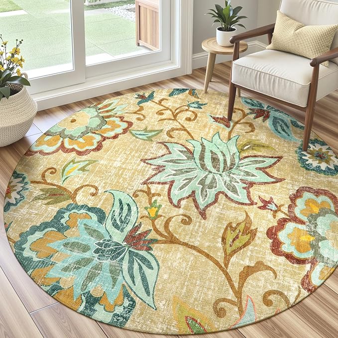 Lahome Floral Round Area Rugs 5Ft - Washable Soft Large Round Rugs for Living Room Non-Slip Throw Lightweight Round Kitchen Rugs, Boho Beige Paisley Print Circle Rugs for Bedroom Office Dining Room