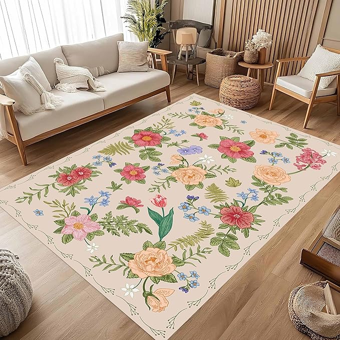 Rustic Flower Area Rug, 5x7ft, Classic Colorful Bohemian Floral Pattern with Beige Large Hall Botanical Rug, Non Slip No Crease Easy Care Girls Room Decor Carpet for Relax Room Bedroom