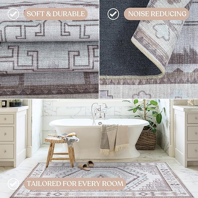 Fame Living Washable Area Rug. Modern Farmhouse. Vintage. Turkish. Bohemian. Distressed. Oriental. Traditional. Rugs for Living Room. Dining. Bedroom. Office. Entryway. Foyer. (856BrC, 2'5" x 6'5")
